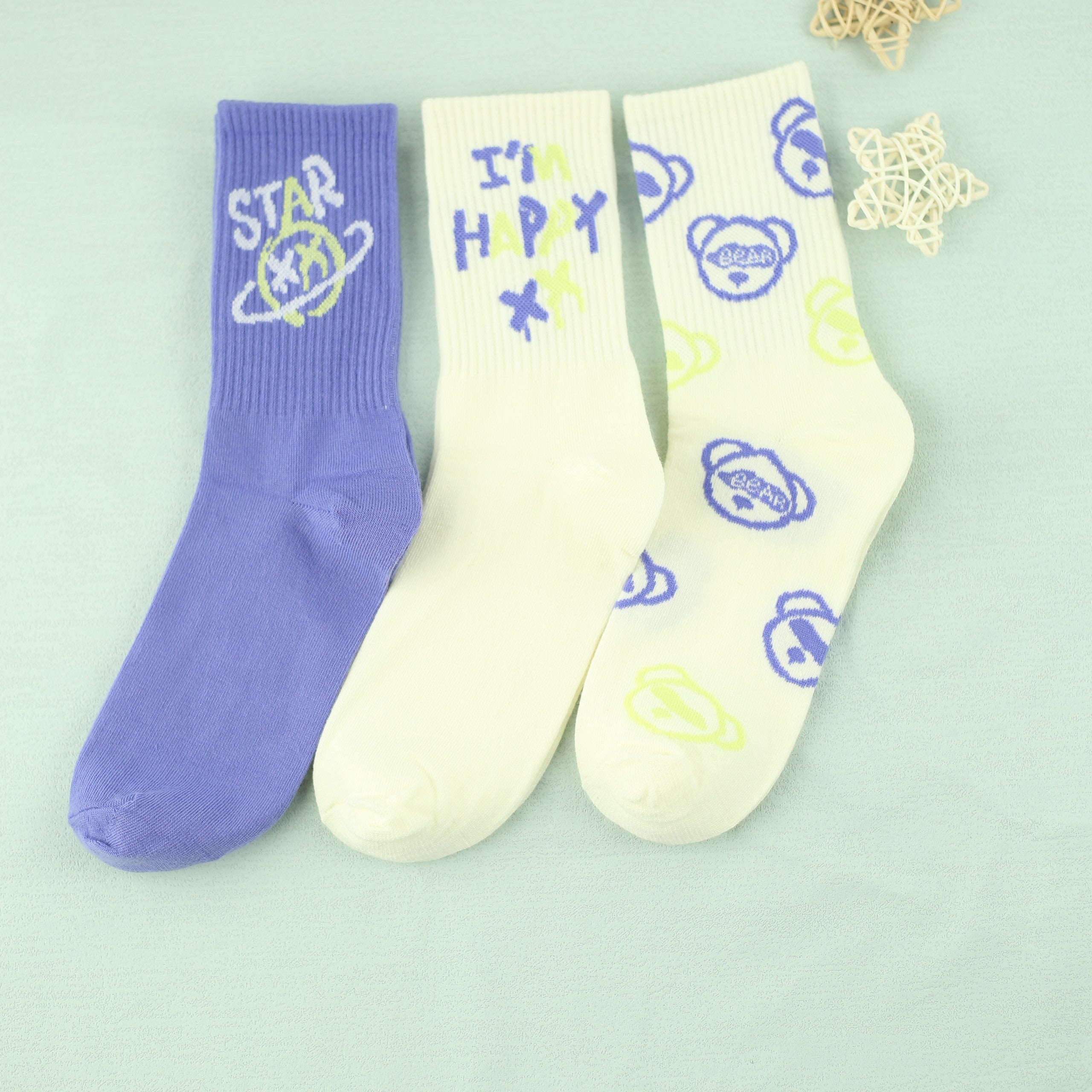 3 Pairs Letter Bear Print Socks Comfy Mid Tube Women's Stockings