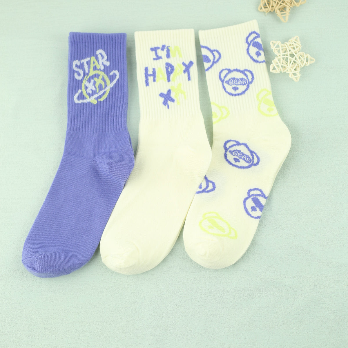 3 Pairs Letter Bear Print Socks Comfy Mid Tube Women's Stockings