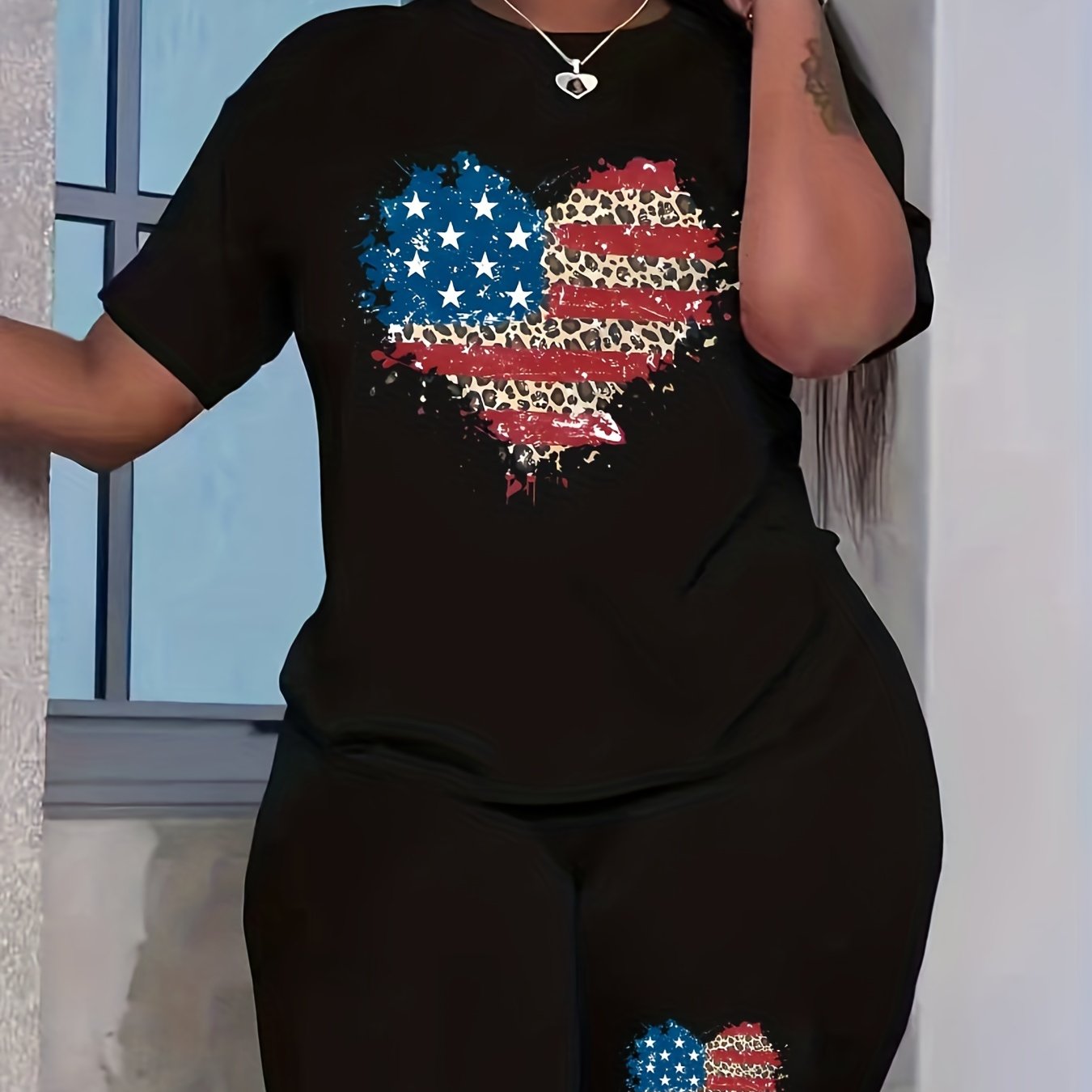  Flag & Leopard Heart Print Crew Neck Top & Shorts Set