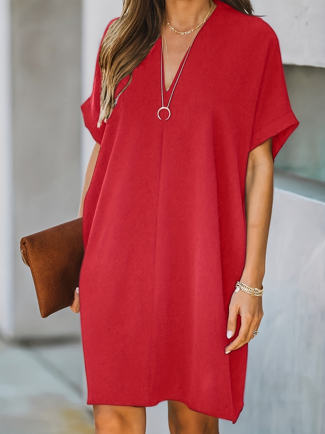 Solid V Neck Dress Short Sleeve Comfy Summer Mini Dress Women's Clothing