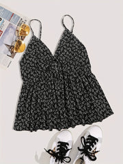  Ditsy Floral Print V Neck Peplum Cami Top