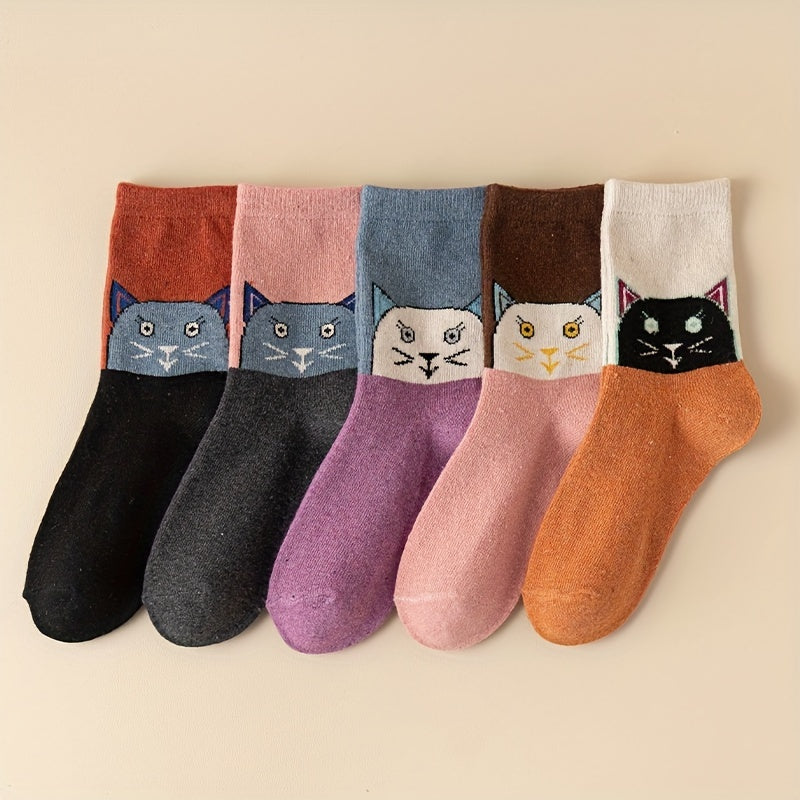 Cartoon Cat Print Socks Colorblock Women's Stockings