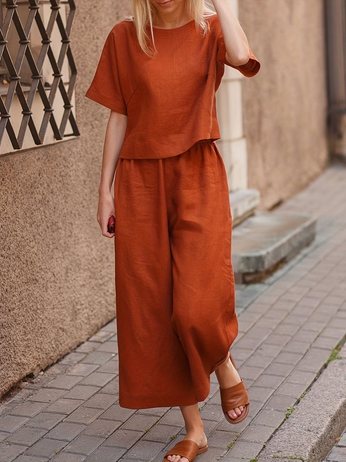 Two piece Set Crew Neck Short Sleeve T shirt & Wide Leg Pants
