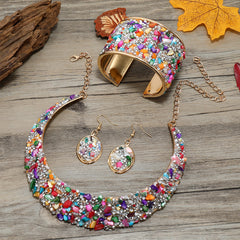 22K Plated Jewelry Set: Choker Necklace, Earrings, Bangle with Rhinestone