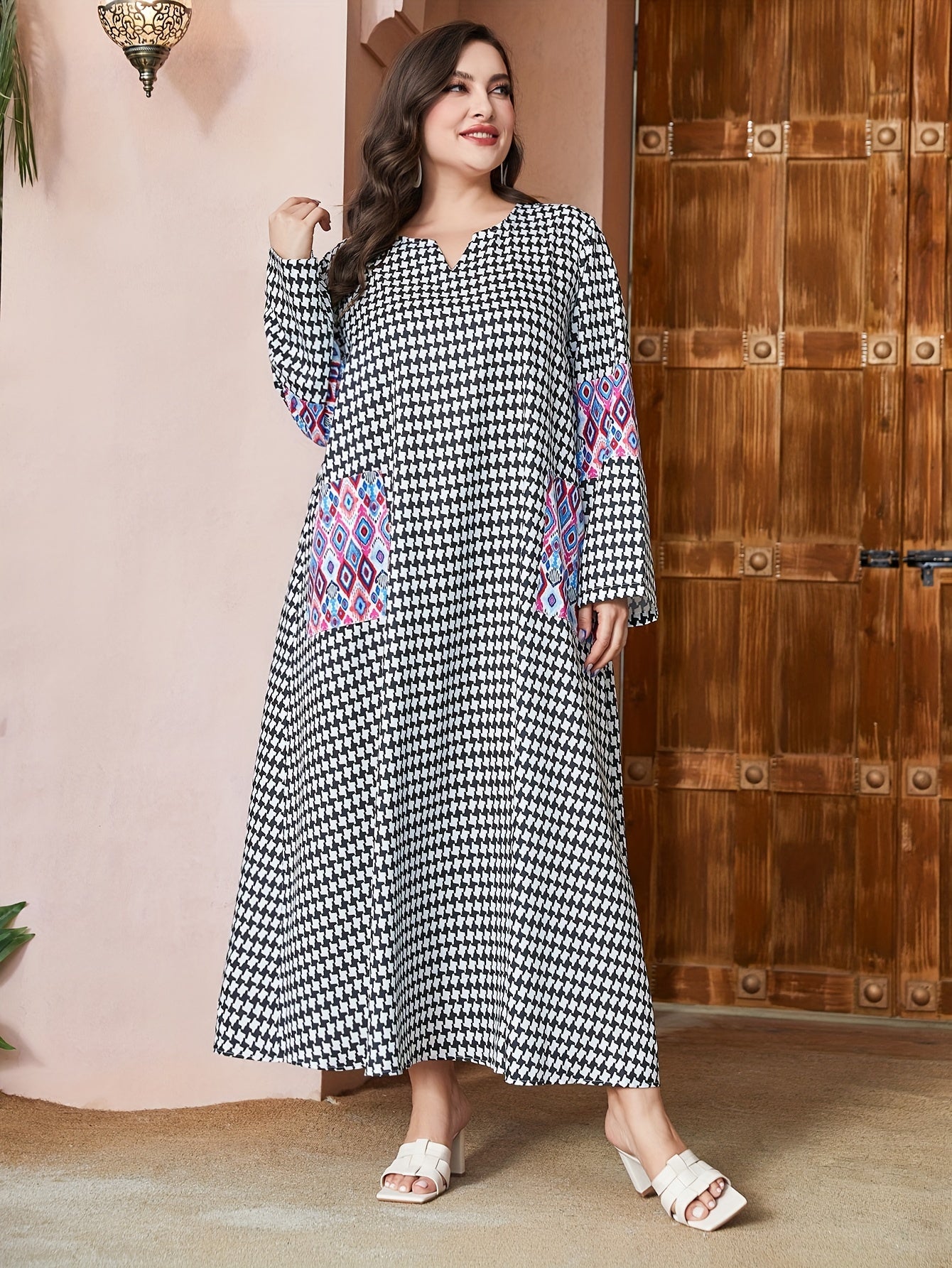  Houndstooth & Geometric Print Maxi Dress