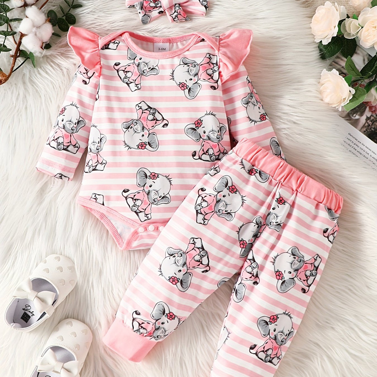 Baby Girls Cartoon Print Bodysuit Pants Headband Set