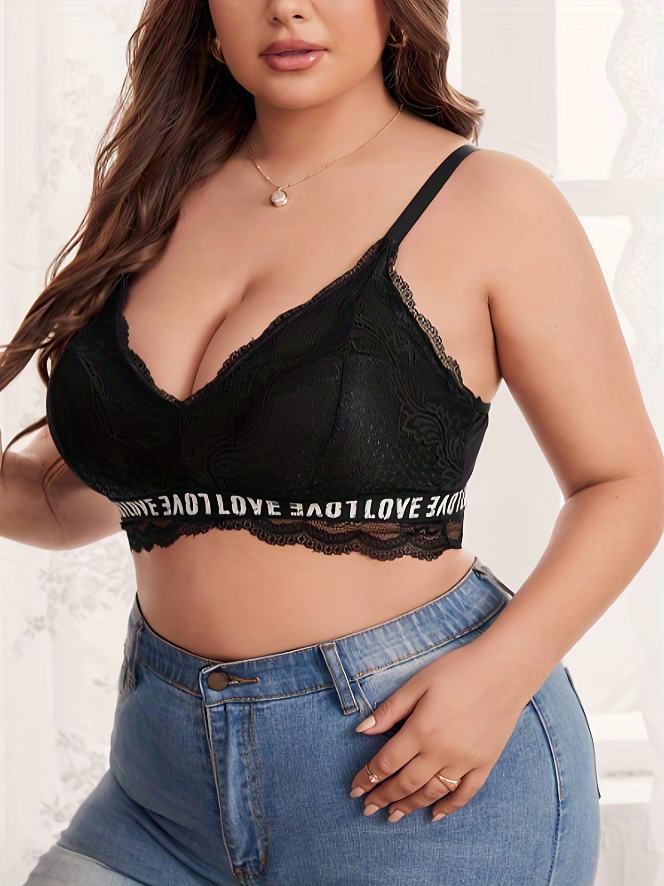  Sexy Bra Women's Plus Solid Contrast Lace Trim Letter Tape Bra