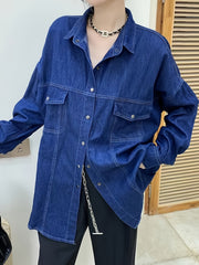  Casual Denim Top Women's Plus Solid Pipping Button Down Long Sleeve