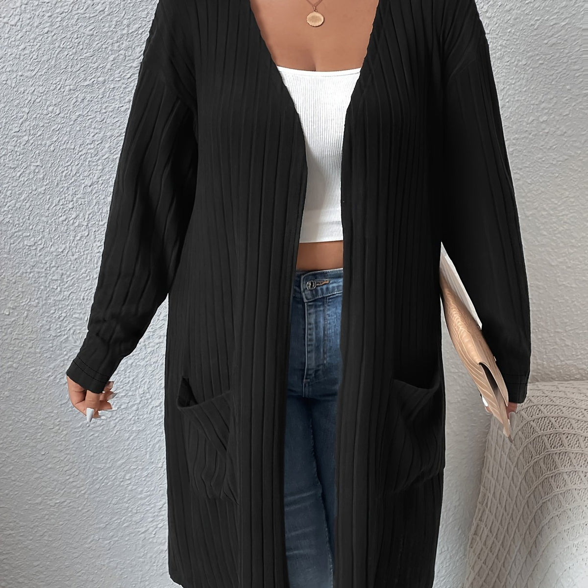  Solid Ribbed Open Front Cardigan With Pockets