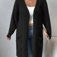  Solid Ribbed Open Front Cardigan With Pockets