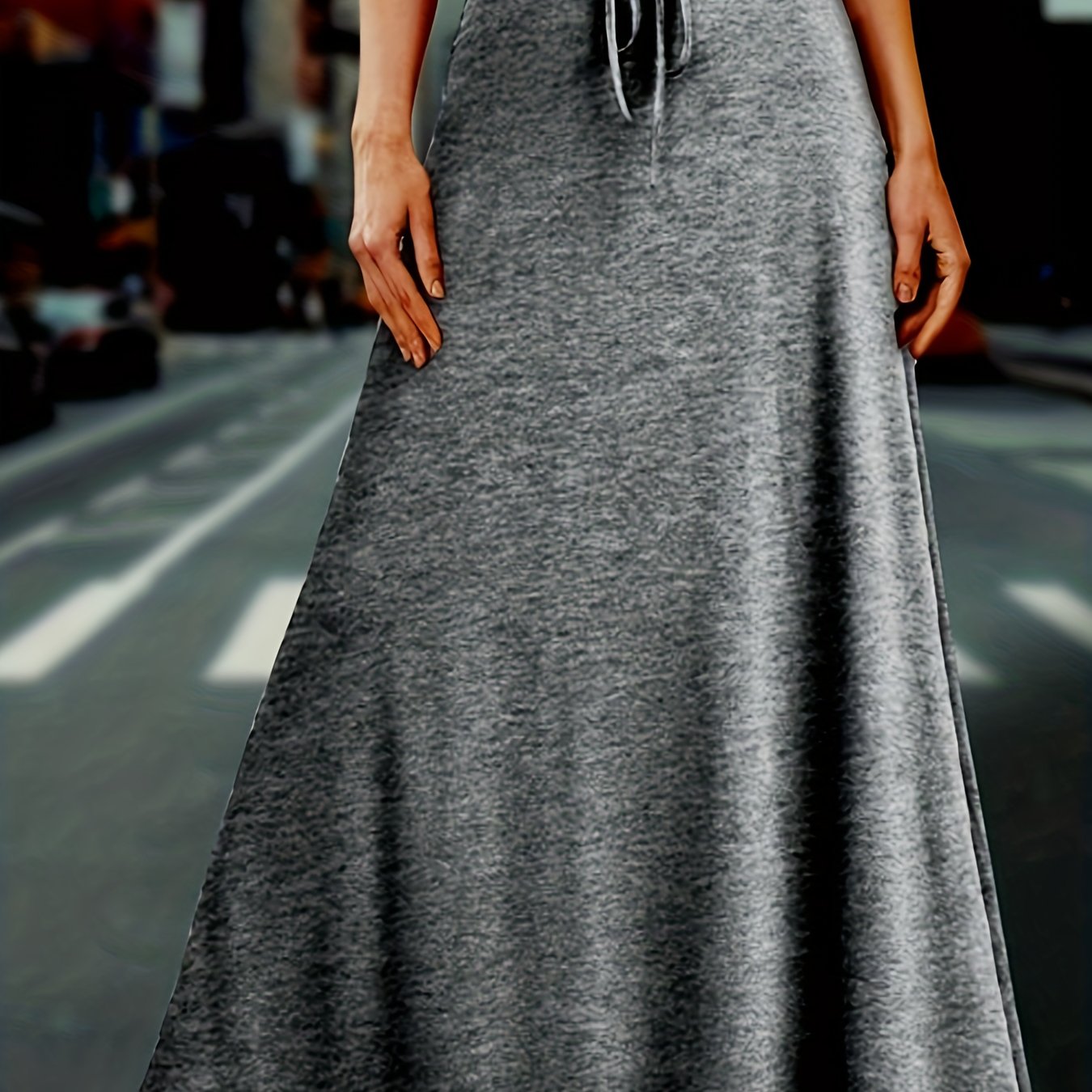  Solid Drawstring High Rise Maxi Skirt