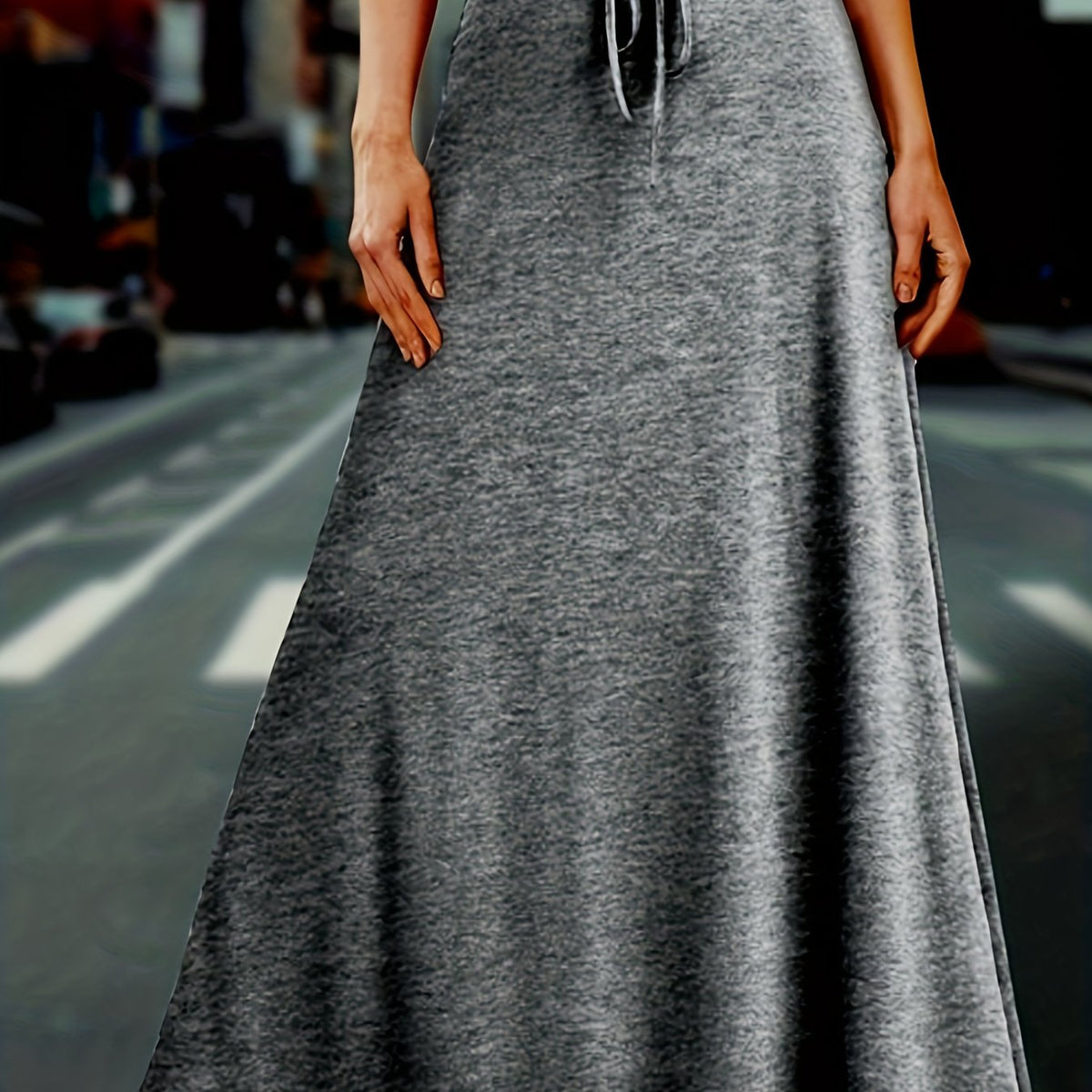  Solid Drawstring High Rise Maxi Skirt