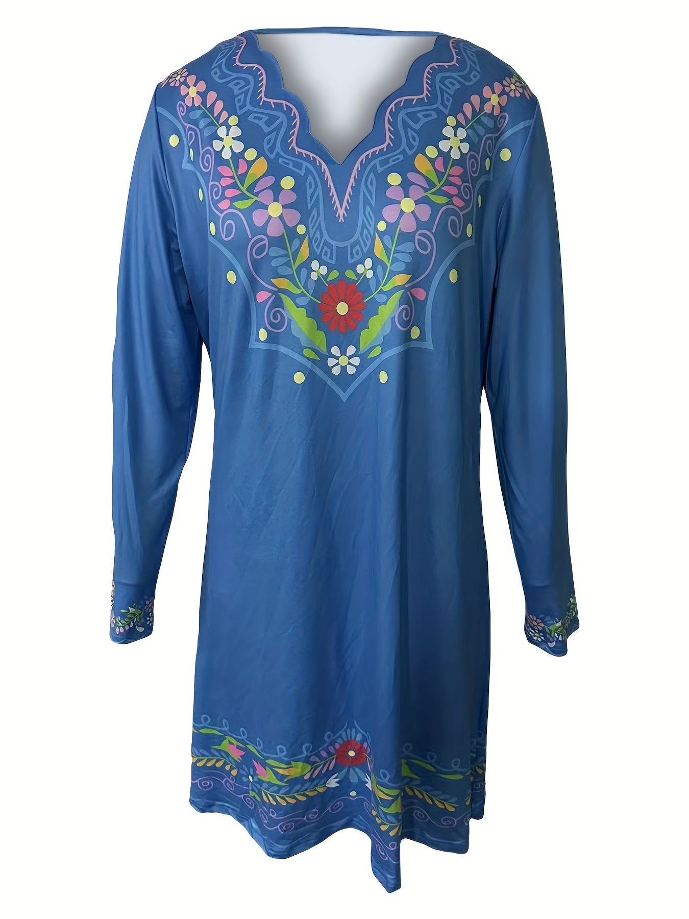  Floral Print Long Sleeve V-Neck Dress