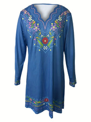  Floral Print Long Sleeve V-Neck Dress