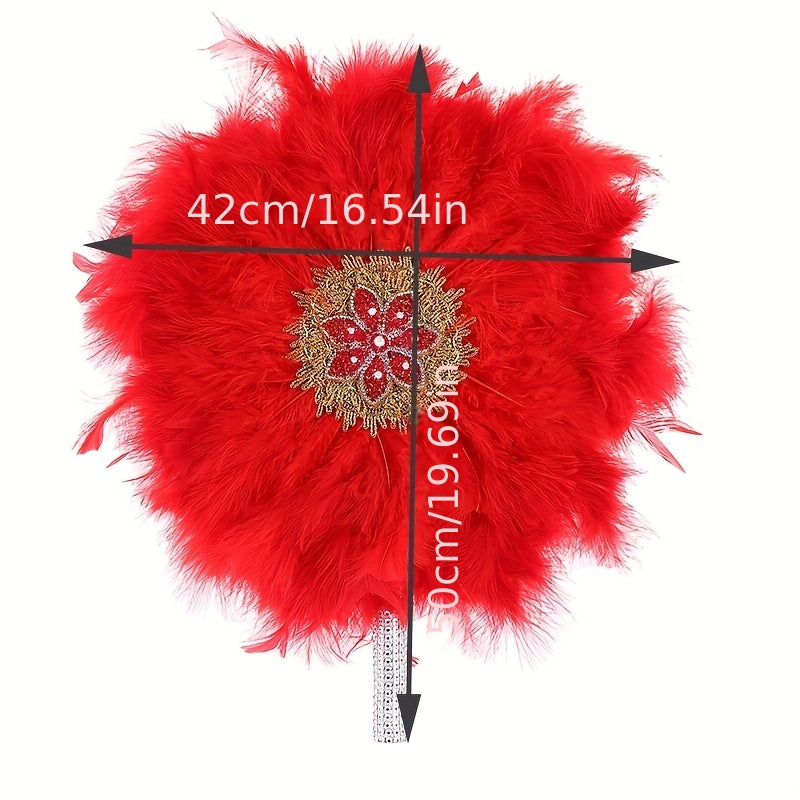 Colorful Plush Fan Inlaid Rhinestone Large Round Faux Feather Fan