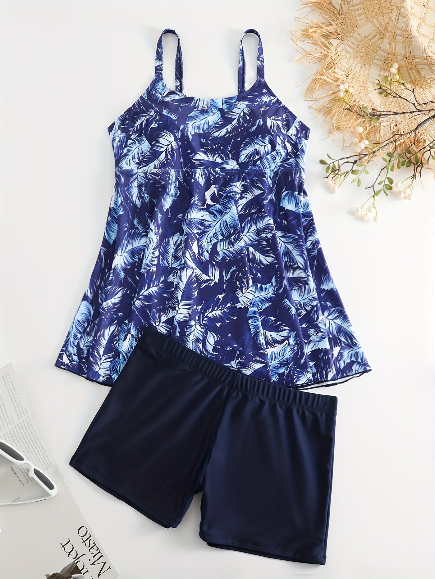  Tropical Print Tankini Set Round Neck Cami & Shorts Swimsuit
