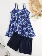  Tropical Print Tankini Set Round Neck Cami & Shorts Swimsuit