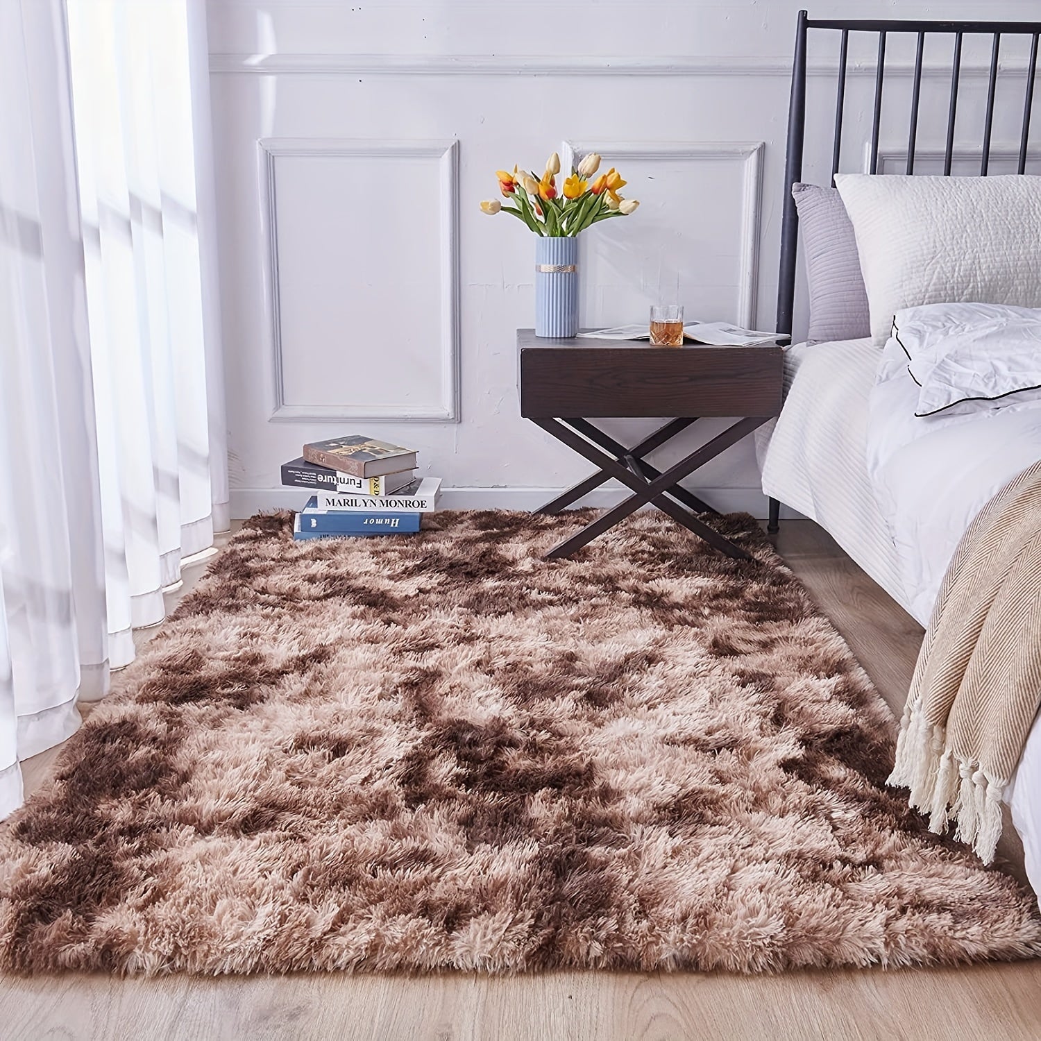 Soft Area Rug Tie Dyed Plush Fluffy Bedside Rug Washable Shag Furry Carpet