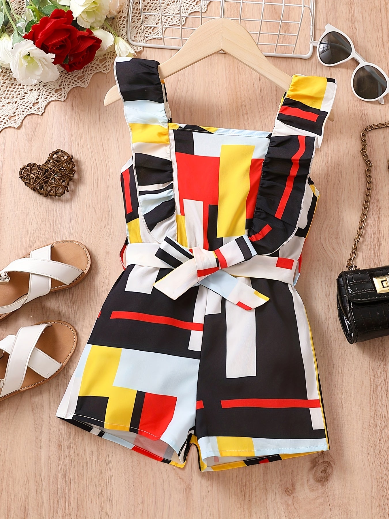 Girls Colorblock Print Ruffle Strappy Belted Romper Jumpsuit