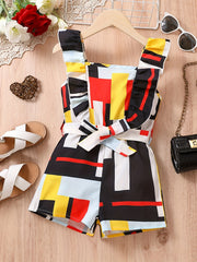 Girls Colorblock Print Ruffle Strappy Belted Romper Jumpsuit