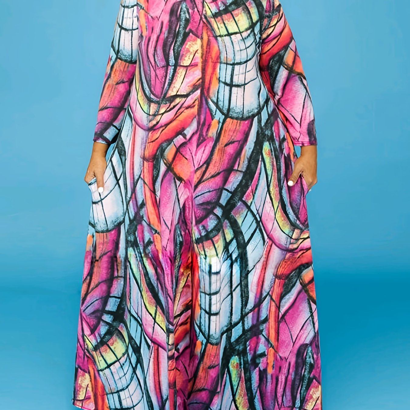  Allover Print Long Sleeve Maxi Dress With Pockets