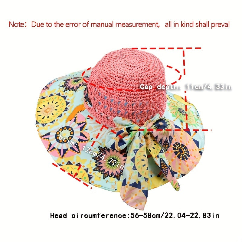 Boho Print Stitching Sun Hat Wide Brim Vintage Crochet Straw Hat