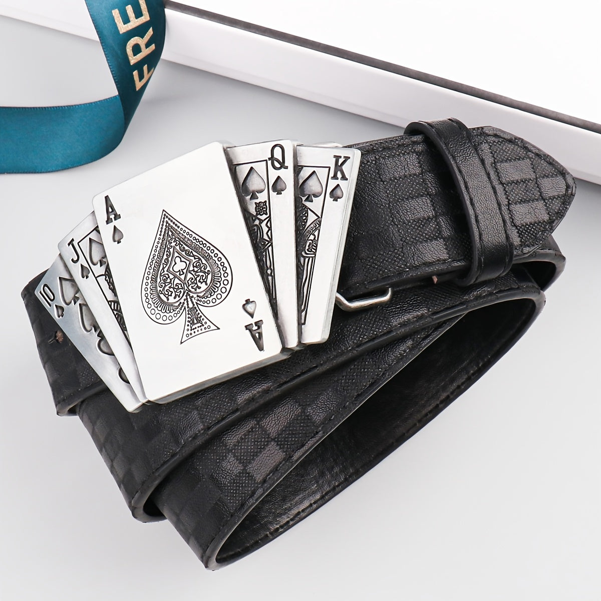 Men's Smooth Buckle PU Belt Playing Card Design