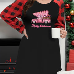  Christmas Lounge Dress with Tree & Car Graphic Plaid Sleeves