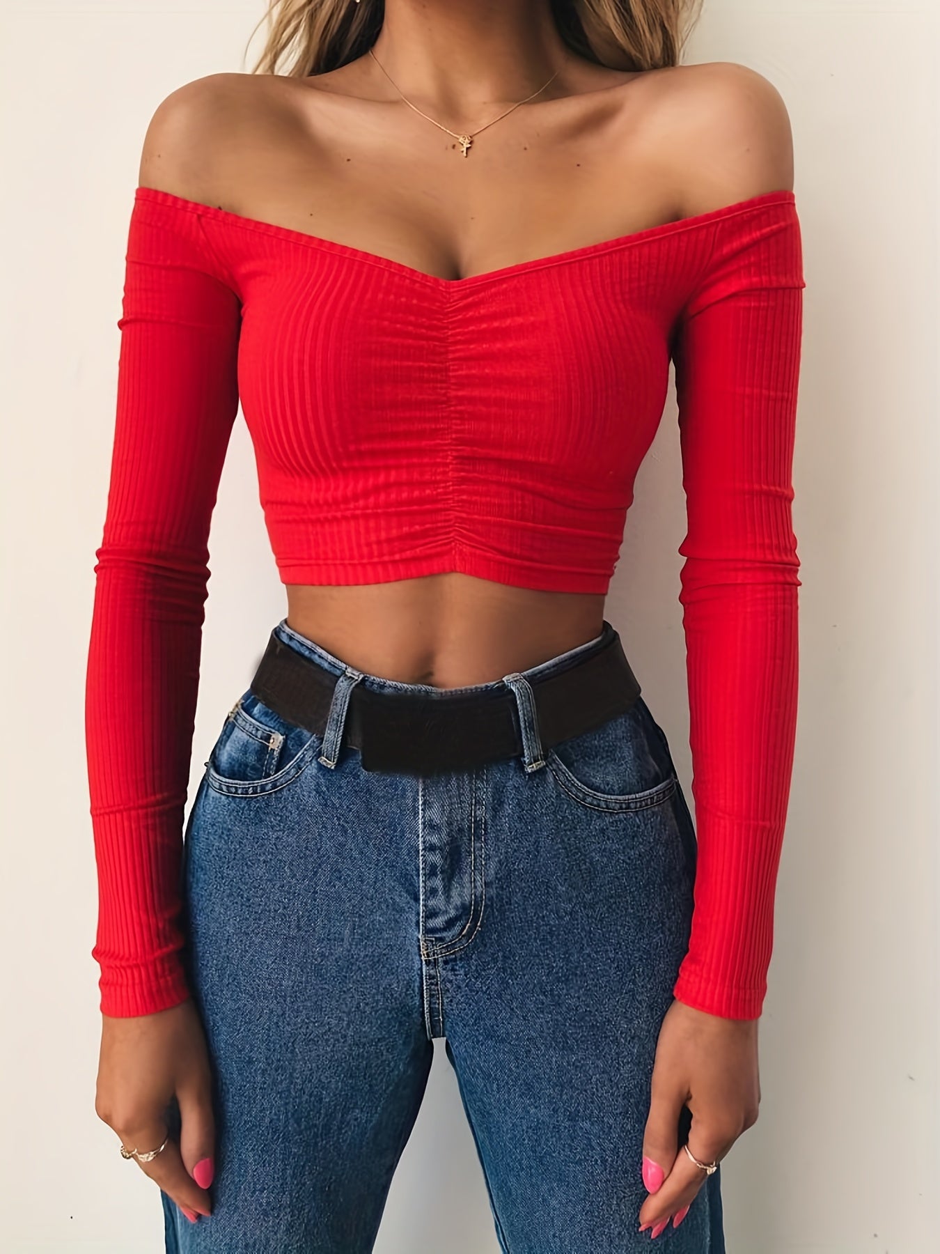 Off Shoulder Long Sleeve Short Sweater Sexy Crop Top