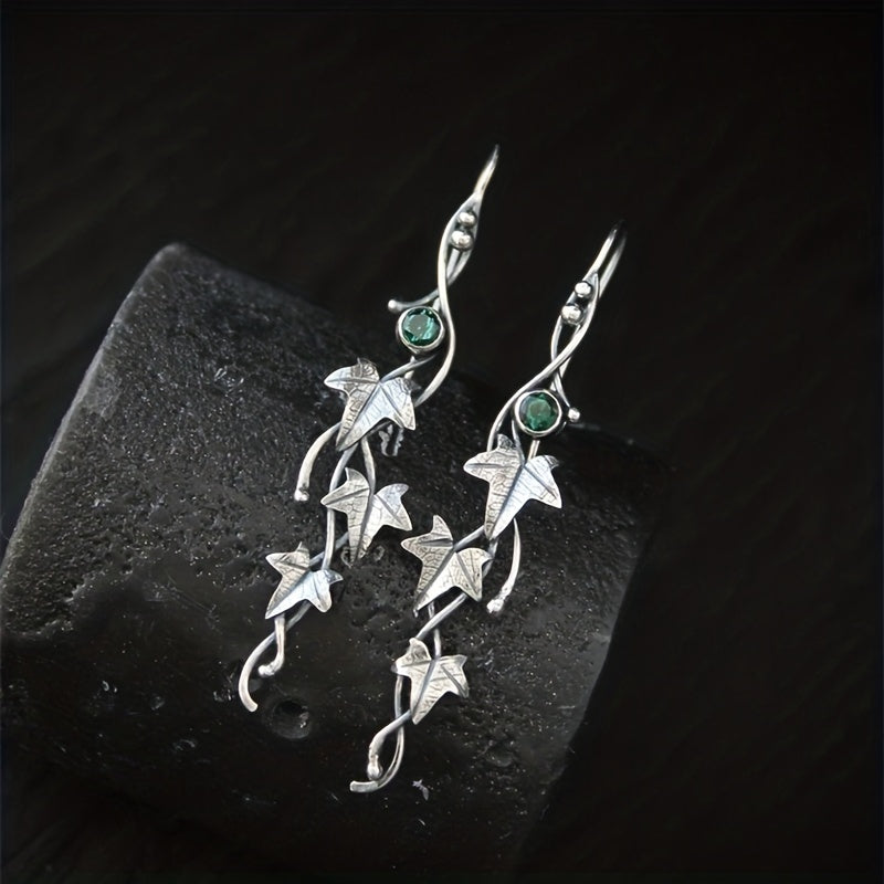 Men's Silver Leaf Dangle Earrings with Colorful Gemstones