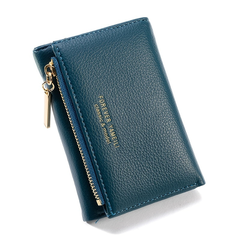 Solid Trifold Faux Leather Coin Purse Zipper Wallet