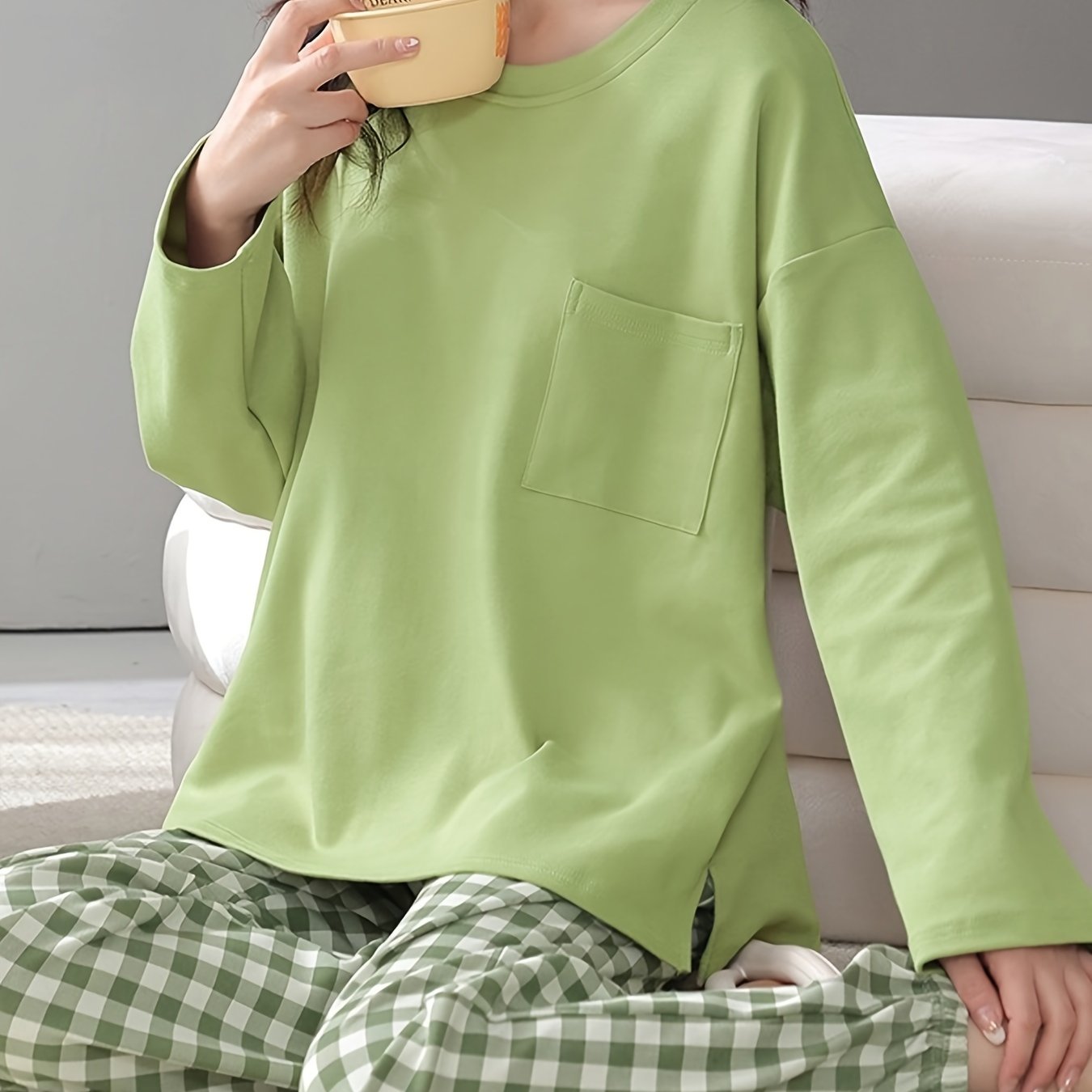 Plaid Print Pajama Set Long Sleeve Crew Neck Top & Elastic Waistband Pants