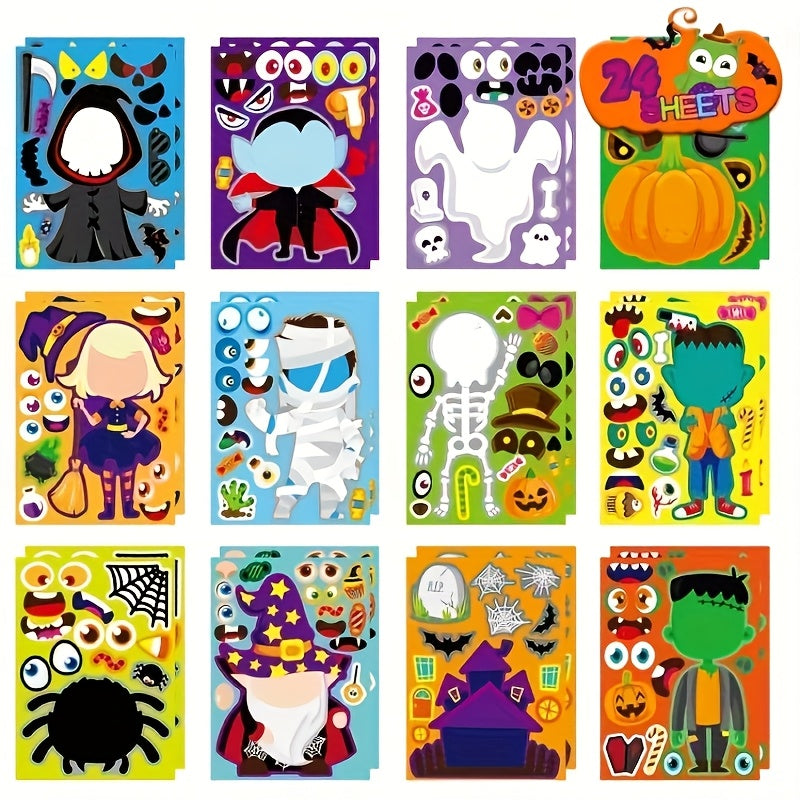24 Halloween Face Stickers Spooky Pumpkins Ghosts Witches Self Adhesive Paper