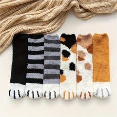 6 Pairs Cat Claw Print Socks Comfy & Fuzzy Warm Hosiery