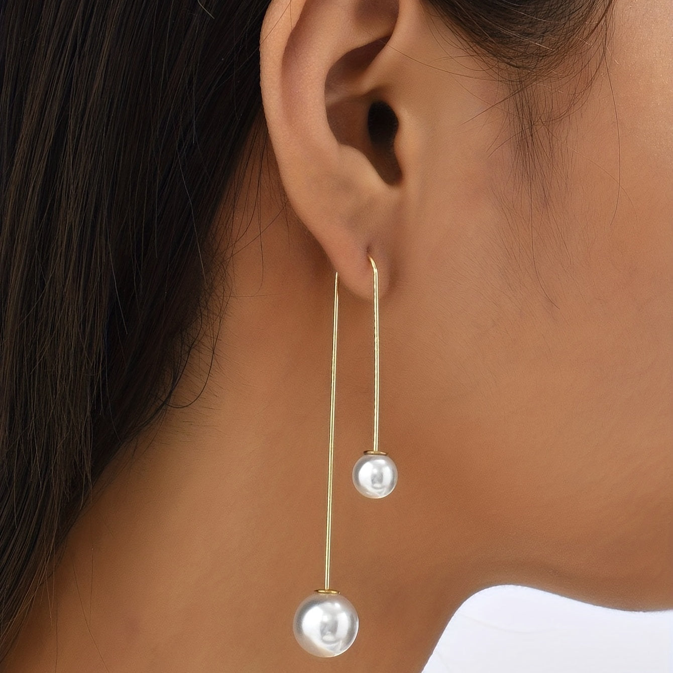 Minimalist Faux Pearl Threader Earrings Copper Material