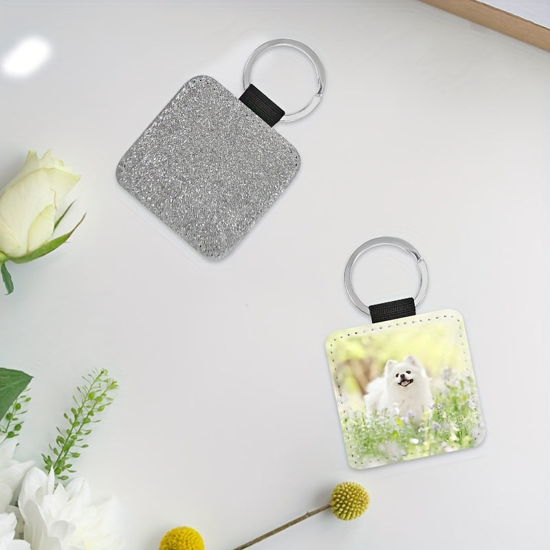 10pcs Sublimation Blank Glitter Square Keychain PU Leather Single Side Print