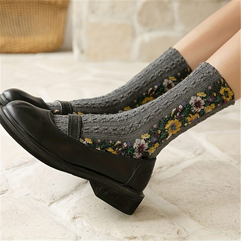Floral Print Socks Retro Court Style Mid Tube Women's Stockings