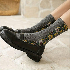 Floral Print Socks Retro Court Style Mid Tube Women's Stockings