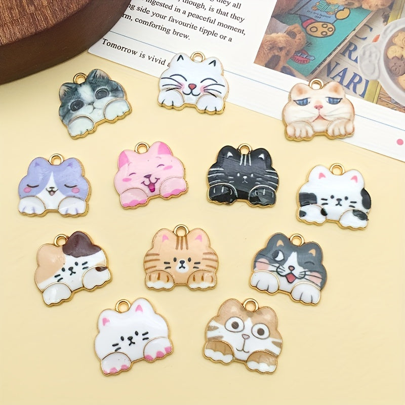 12pcs Enamel Golden Cat Pendants for DIY Accessories