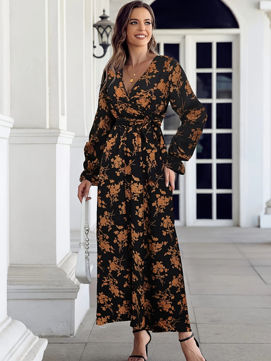 Floral Print Flounce Sleeve Maxi Dress With Belt