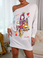  Poker Print One Shoulder Long Sleeve Mini Tee Dress