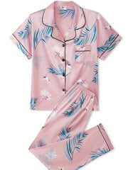Floral Print Lounge Set Short Sleeve Top & Pants Women's Loungewear