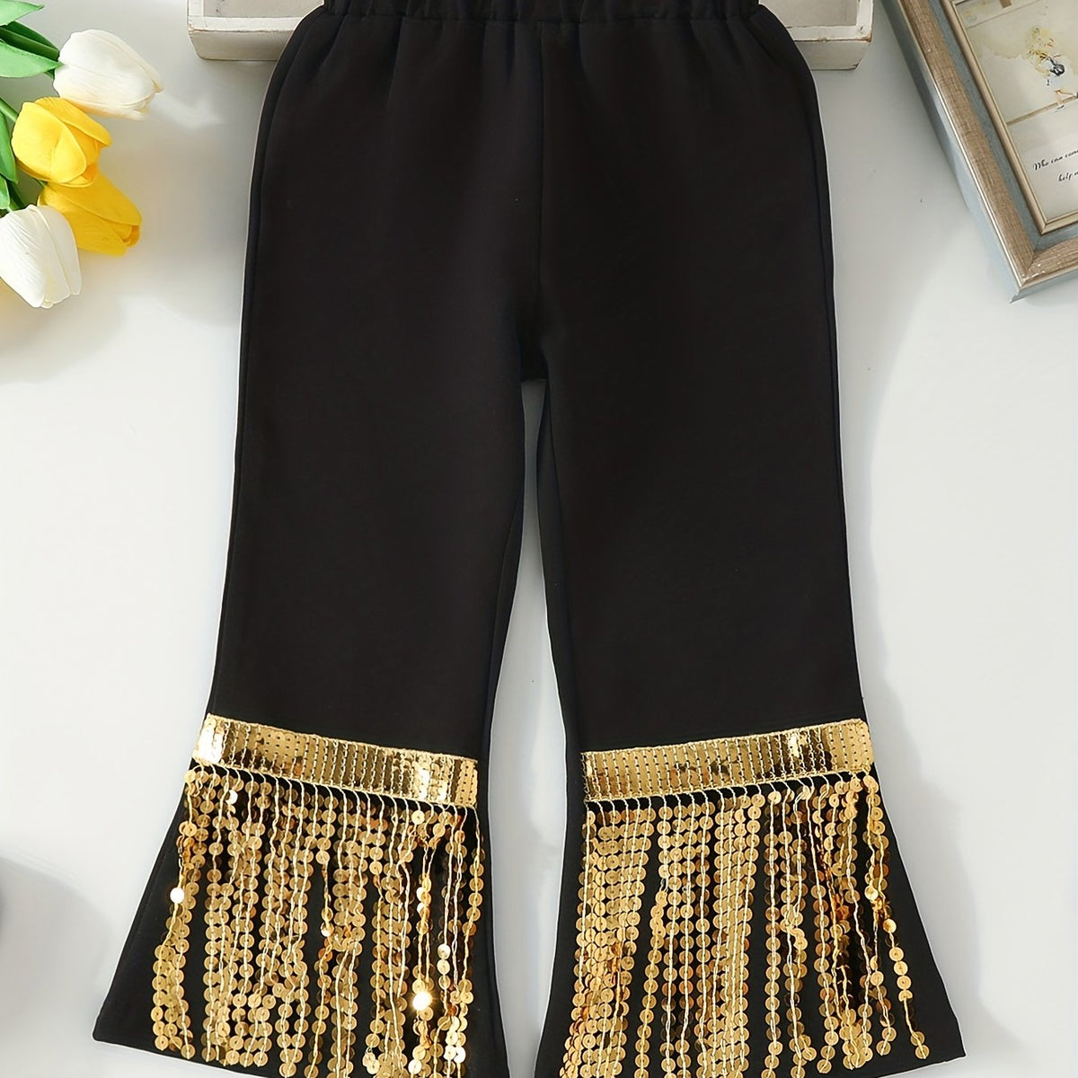 Girls' Sequins Tassel Fringe Bell Bottom Pants & Versatile Spring Fall Outerwear