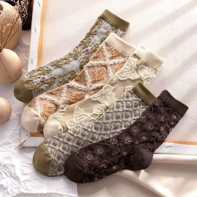 5 Pairs Floral Print Socks Retro Style Textured Women's Stockings