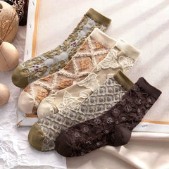 5 Pairs Floral Print Socks Retro Style Textured Women's Stockings