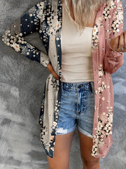  Colorblock Floral Print Long Sleeve Cardigan