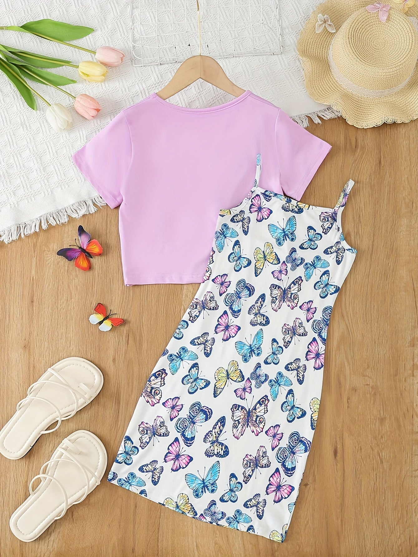 Girl's Butterfly Pattern Outfit Set for Summer