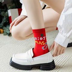 4 Pairs Christmas Letter Print Mid Tube Socks Women's Stockings & Hosiery