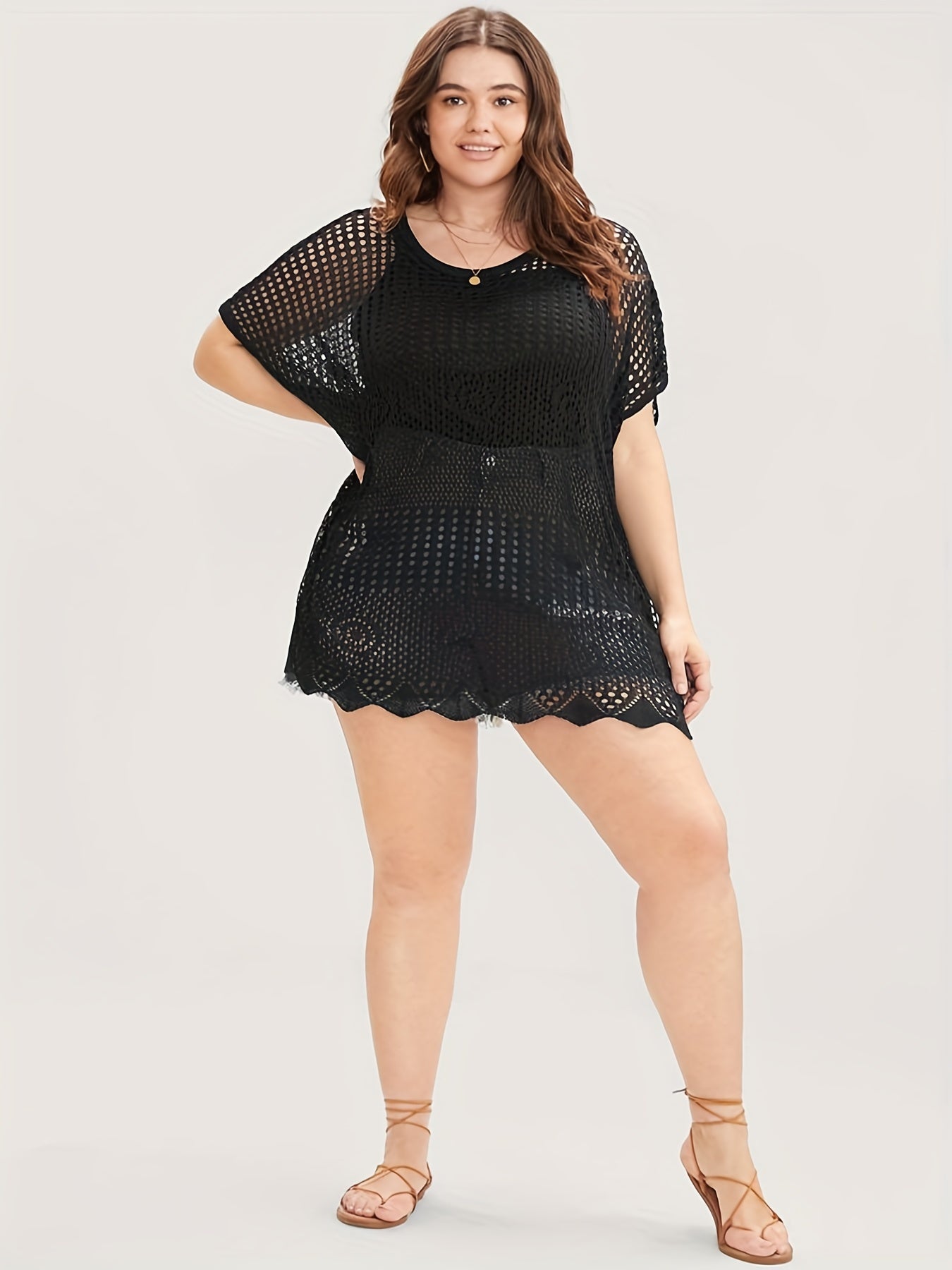 Plus Size Casual Knit Top Women's Plus Solid Hollow Out Bat Sleeve