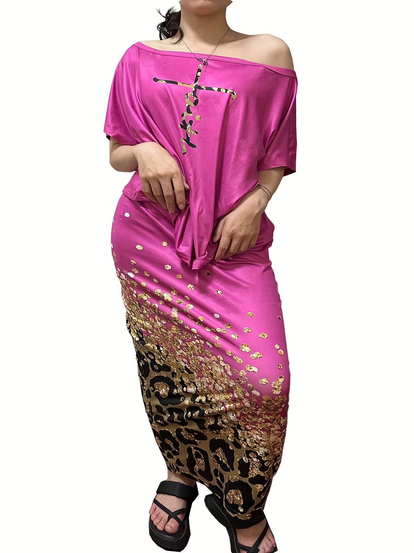  Letter Print One Shoulder Top & Maxi Skirt Set